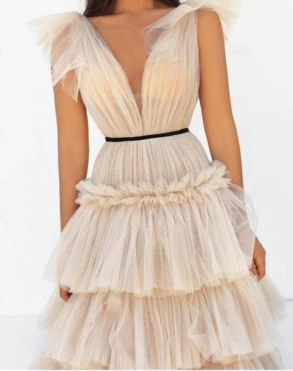 A-Line Prom Dress Sweep / Brush Train Sleeveless V Neck Tulle V Back with Ruffles