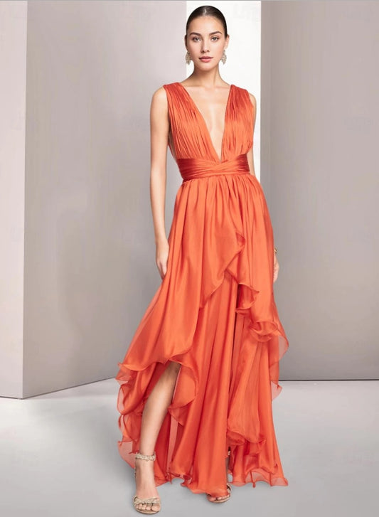 A-Line Elegant Prom Dresses Formal Summer Asymmetrical Sleeveless V Neck Chiffon