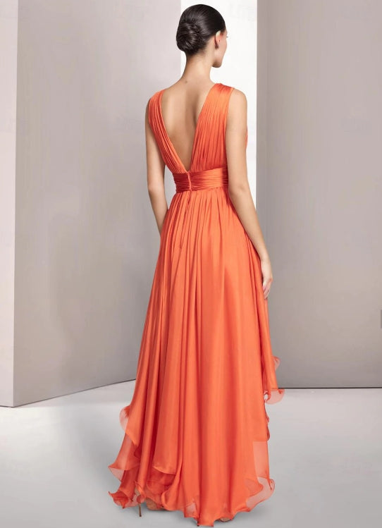A-Line Elegant Prom Dresses Formal Summer Asymmetrical Sleeveless V Neck Chiffon