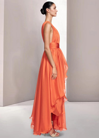 A-Line Elegant Prom Dresses Formal Summer Asymmetrical Sleeveless V Neck Chiffon