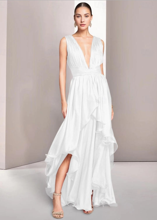 A-Line Elegant Prom Dresses Formal Summer Asymmetrical Sleeveless V Neck Chiffon