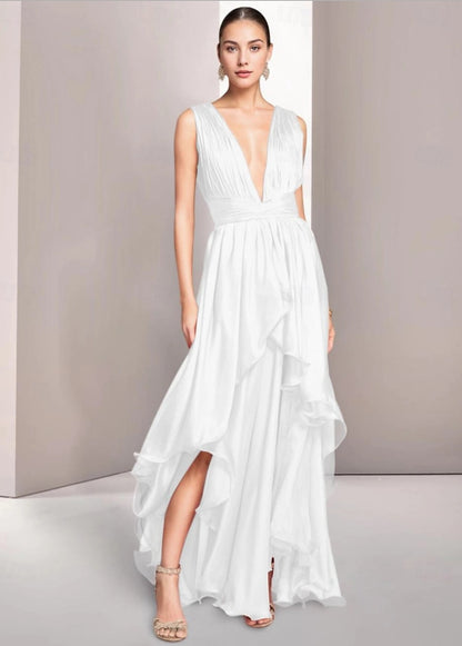 A-Line Elegant Prom Dresses Formal Summer Asymmetrical Sleeveless V Neck Chiffon