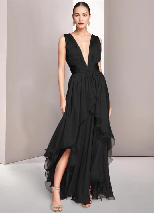 A-Line Elegant Prom Dresses Formal Summer Asymmetrical Sleeveless V Neck Chiffon