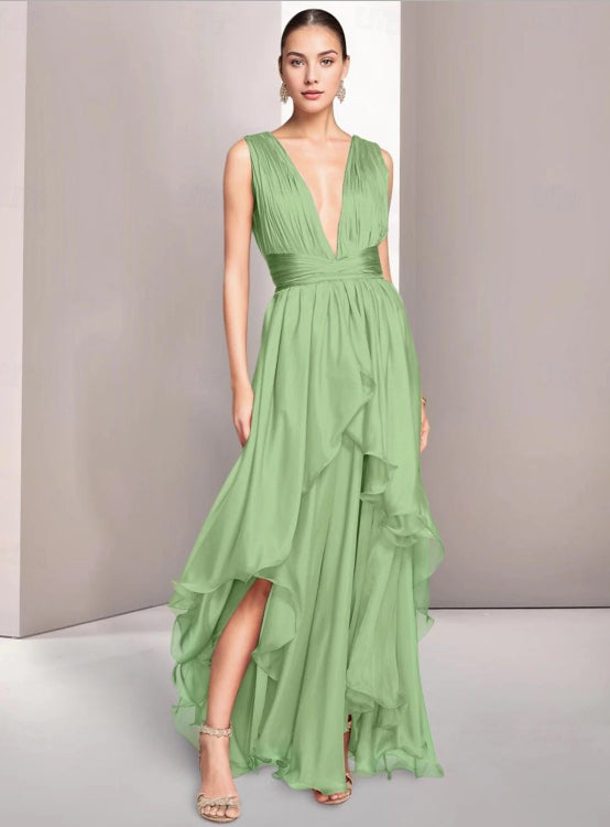 A-Line Elegant Prom Dresses Formal Summer Asymmetrical Sleeveless V Neck Chiffon