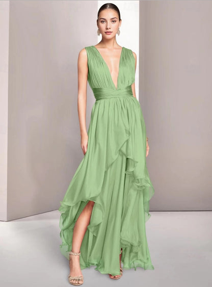 A-Line Elegant Prom Dresses Formal Summer Asymmetrical Sleeveless V Neck Chiffon