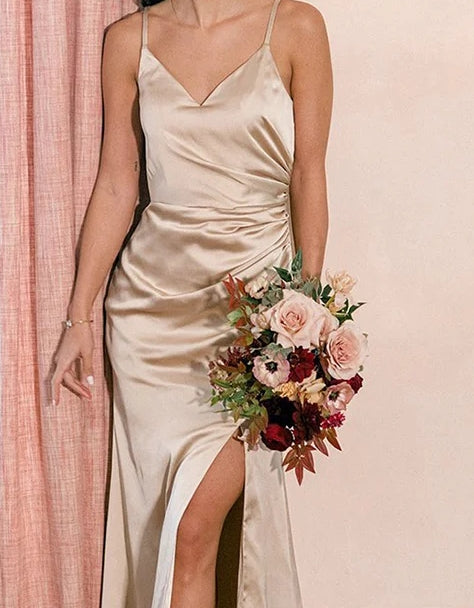 Champagne Silk Sheath Bridesmaid Dress With Slit