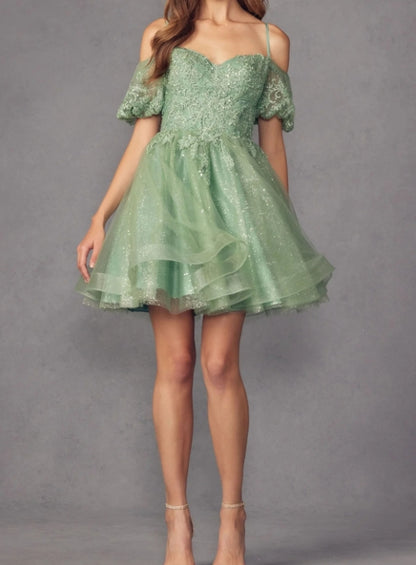 Puff-Sleeve Short A-Line Shimmer Prom Dress Party Dress
