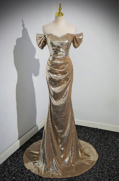 Off Shoulder Sequin Mermaid Prom Dress with Train