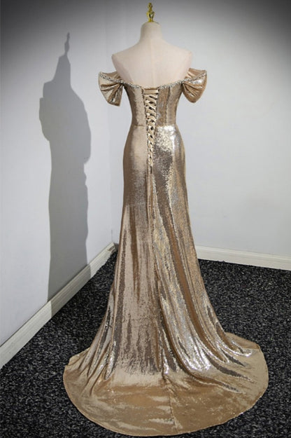 Off Shoulder Sequin Mermaid Prom Dress with Train