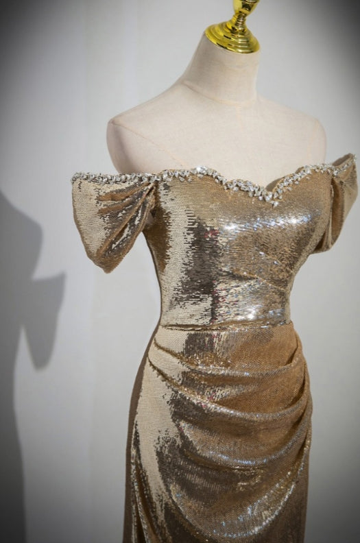 Off Shoulder Sequin Mermaid Prom Dress with Train