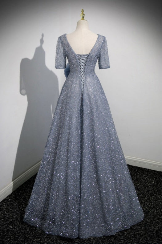 Sparkly Sequin Long Prom Dress with Flower Sleeves