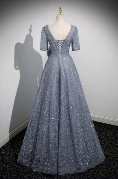 Sparkly Sequin Long Prom Dress with Flower Sleeves