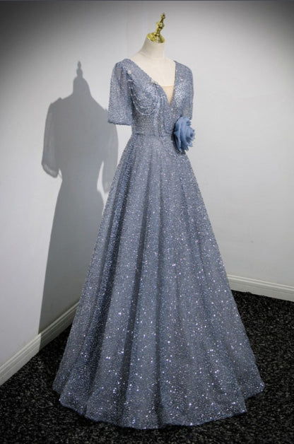 Sparkly Sequin Long Prom Dress with Flower Sleeves