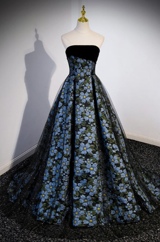 Embossed Flower Texture Strapless Prom Dress Train Dress