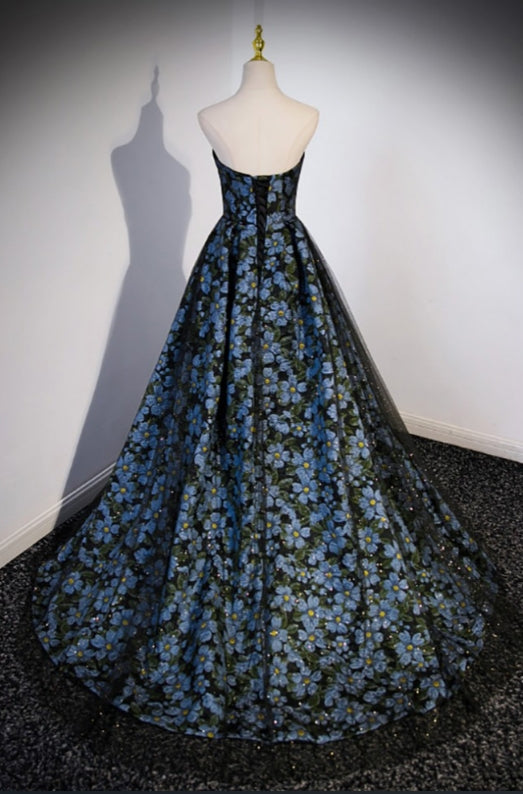 Embossed Flower Texture Strapless Prom Dress Train Dress