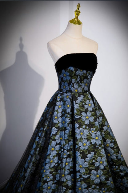 Embossed Flower Texture Strapless Prom Dress Train Dress
