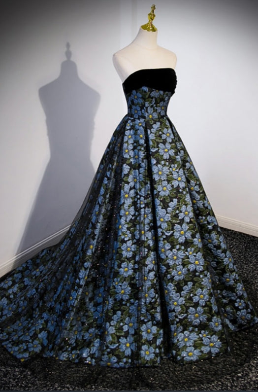 Embossed Flower Texture Strapless Prom Dress Train Dress