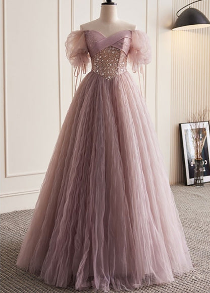 Cute A-Line Tulle Prom Dress with Bubble Sleeves