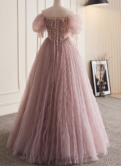 Cute A-Line Tulle Prom Dress with Bubble Sleeves