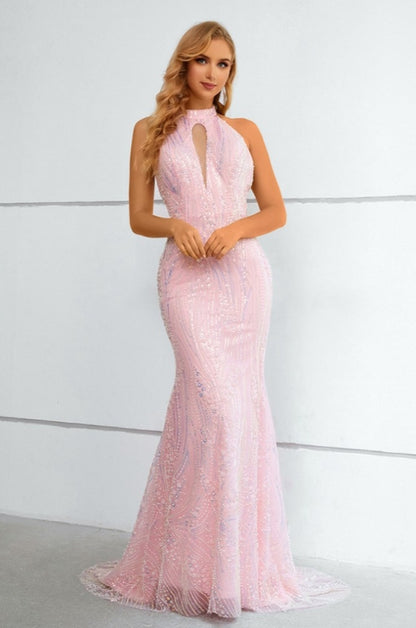 Backless Long Halter Mermaid Pink Prom Dress