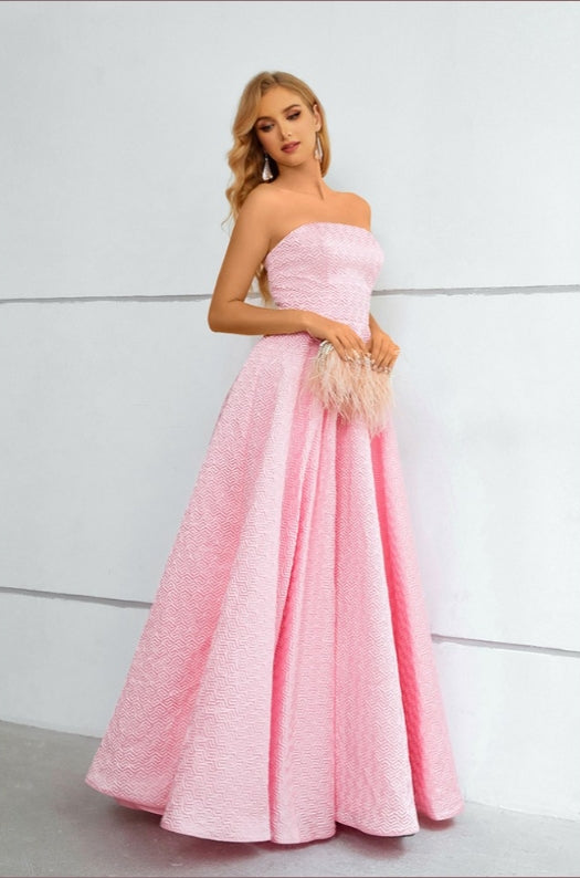 A-Line Long Dress Elegant Strapless Pink Prom Dress