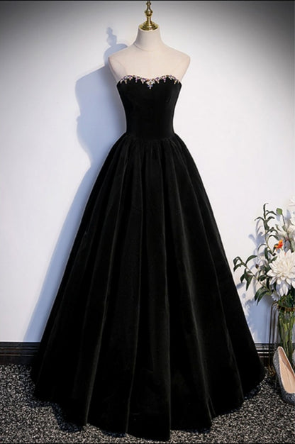 A-Line Black Velvet Prom Dress with Removable Sleeves