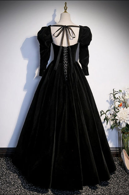A-Line Black Velvet Prom Dress with Removable Sleeves