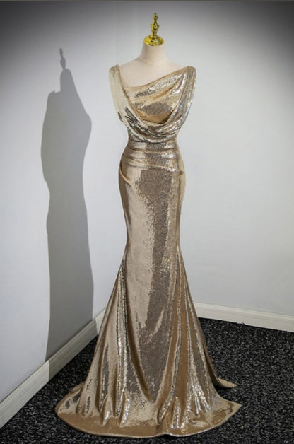 Sparkly Sequin Long Mermaid Prom Dress with Pleats