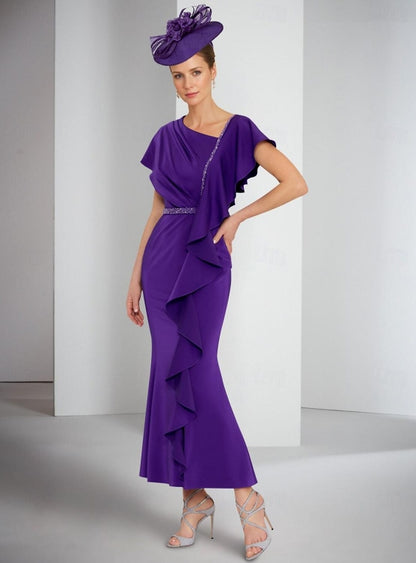Sheath / Column Mother of the Bride Dress One Shoulder Ankle Length with Pleats