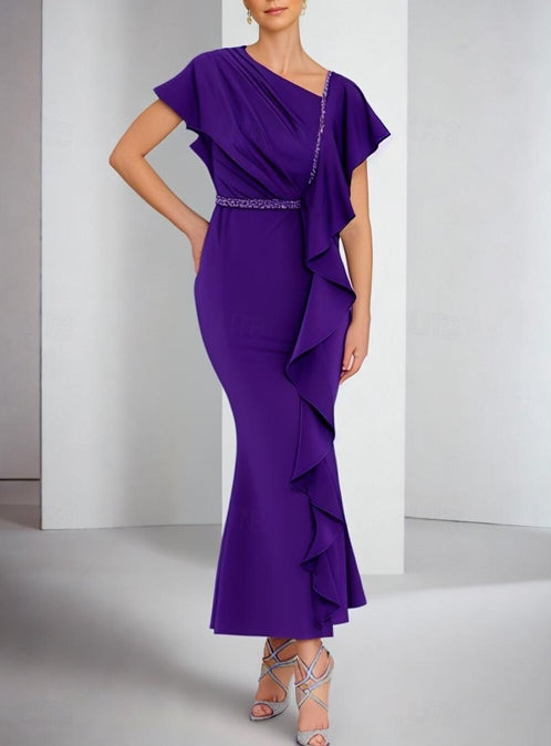 Sheath / Column Mother of the Bride Dress One Shoulder Ankle Length with Pleats