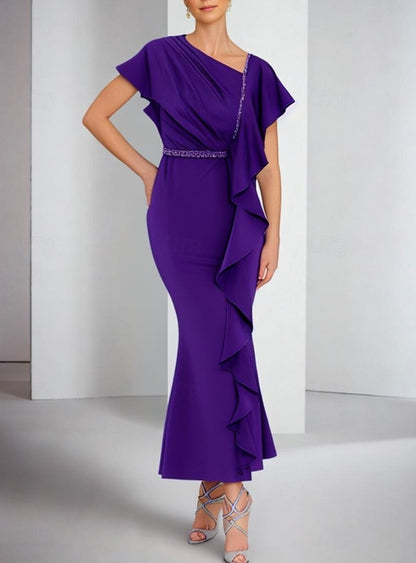 Sheath / Column Mother of the Bride Dress One Shoulder Ankle Length with Pleats