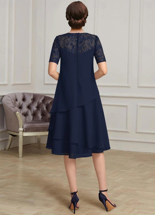 A-Line Mother of the Bride Dress Elegant Jewel Neck Tea Length Chiffon Short Sleeve with Lace