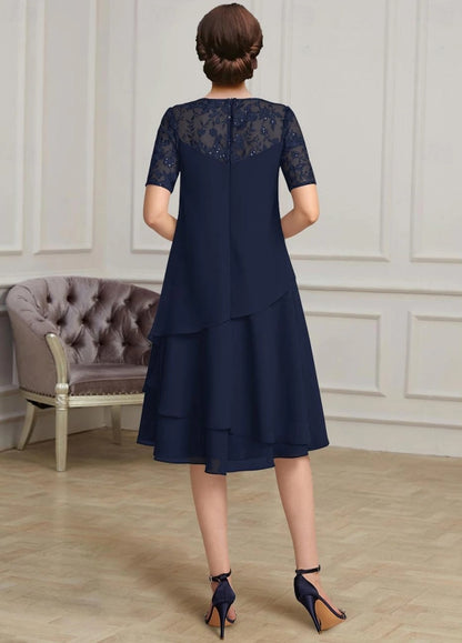 A-Line Mother of the Bride Dress Elegant Jewel Neck Tea Length Chiffon Short Sleeve with Lace