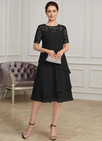 A-Line Mother of the Bride Dress Elegant Jewel Neck Tea Length Chiffon Short Sleeve with Lace
