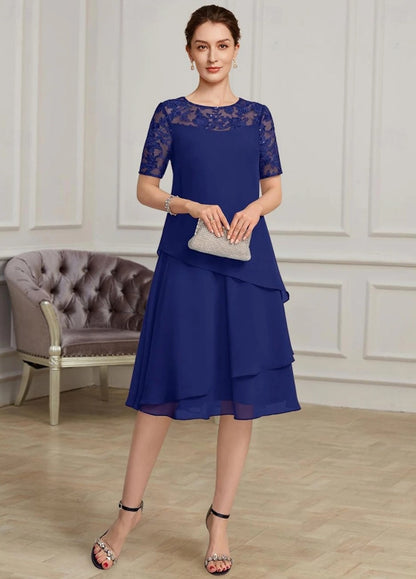 A-Line Mother of the Bride Dress Elegant Jewel Neck Tea Length Chiffon Short Sleeve with Lace