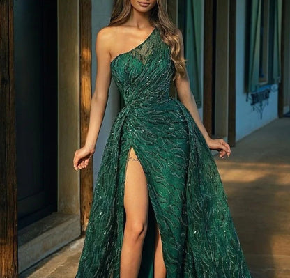 Mermaid Prom Dresses Wedding Guest Prom Sweep / Brush Train One Shoulder Sequined with Sequin
