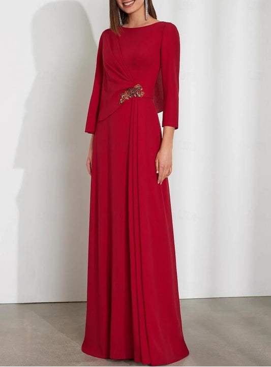 Column Floor Length Long Sleeve Jewel Neck Stretch Chiffon Prom Dress Wedding Guest Dresses