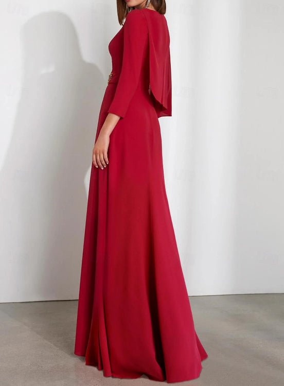Column Floor Length Long Sleeve Jewel Neck Stretch Chiffon Prom Dress Wedding Guest Dresses