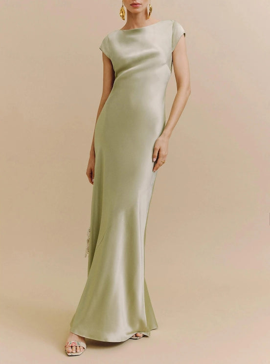 Elegant Dress Formal Prom Dress Floor Length Short Sleeve Boat Neck Satin Backless with Ruched