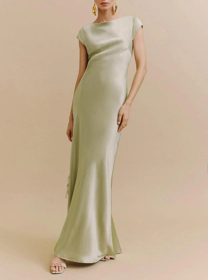 Elegant Dress Formal Prom Dress Floor Length Short Sleeve Boat Neck Satin Backless with Ruched