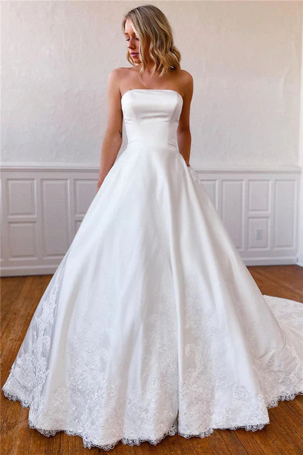 Lace Appliques Long Strapless White Wedding Dress with Pockets Court Train Dresses