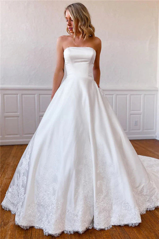Lace Appliques Long Strapless White Wedding Dress with Pockets Court Train Dresses