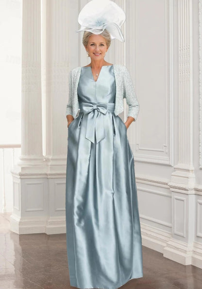 A-Line Formal Mother of the Bride Dress Glitter V-Neck Floor Length Satin Sequins 3/4 Sleeve with Bow(s)