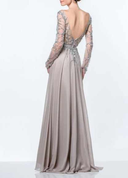 A-Line Formal Mother of the Bride Wedding Guest Dress Chiffon Sequins Long Sleeve with Sequin