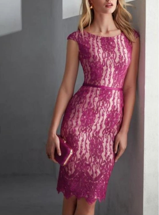 Two Piece Mother of the Bride Wedding Guest Dress Elegant Round Neck Knee Length Satin Lace 3/4 Sleeve with Bow(s)
