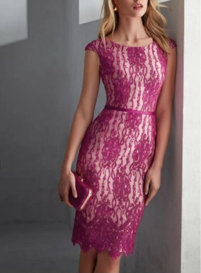Two Piece Mother of the Bride Wedding Guest Dress Elegant Round Neck Knee Length Satin Lace 3/4 Sleeve with Bow(s)