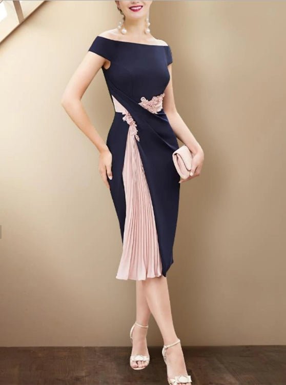Sheath / Column Mother of the Bride Church Elegant Off-the-Shoulder Knee-Length Sleeveless Short Jacket Dresses with Pleated Details of