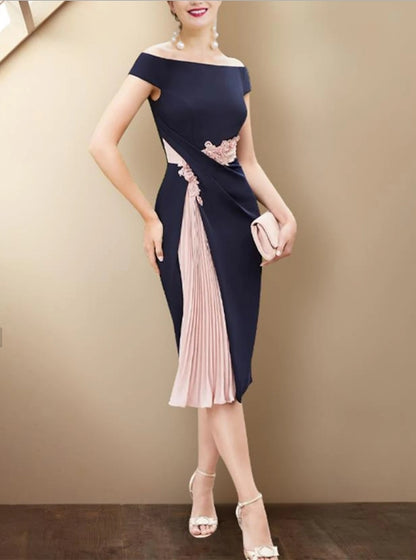 Sheath / Column Mother of the Bride Church Elegant Off-the-Shoulder Knee-Length Sleeveless Short Jacket Dresses with Pleated Details of