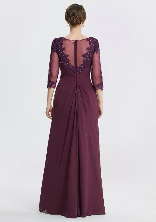 A-Line Formal Mother of the Bride Wedding Guest Dress Elegant Jewel Chiffon Lace 3/4 Sleeve with Lace