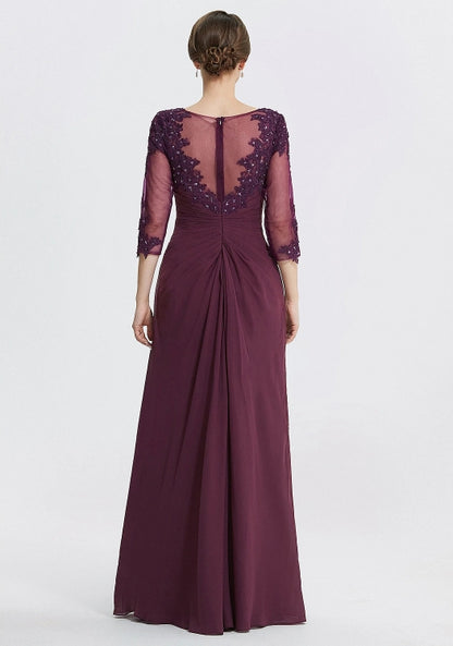 A-Line Formal Mother of the Bride Wedding Guest Dress Elegant Jewel Chiffon Lace 3/4 Sleeve with Lace